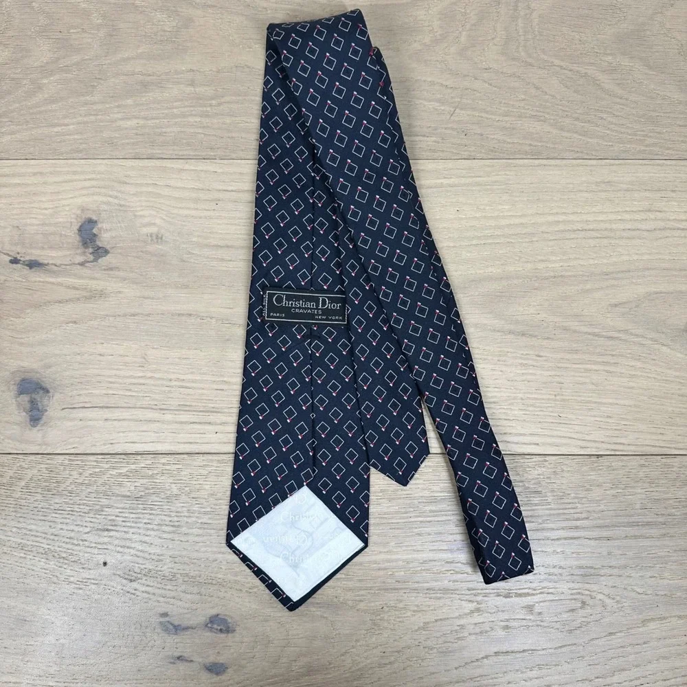 Christian Dior Cravates Tie Navy Blue Silk Geometric Print Vintage Designer